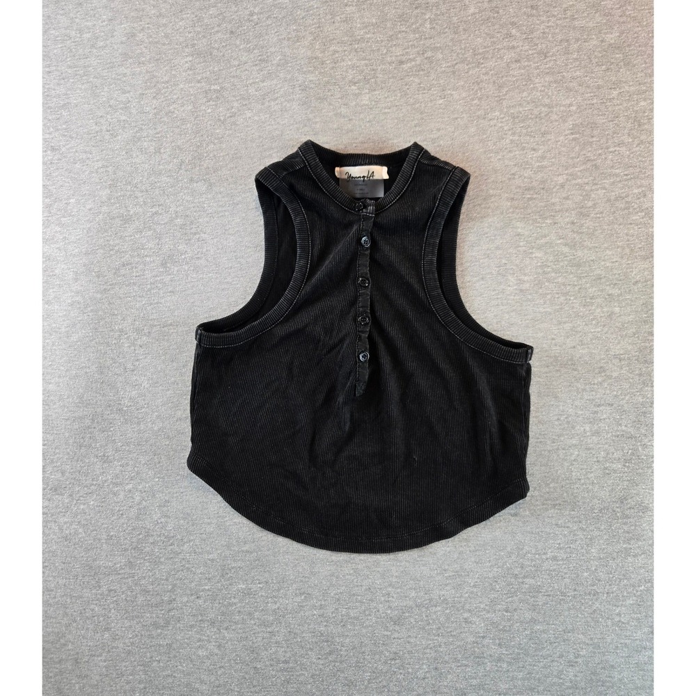YoungLA Henley Tank Top Women XS Black Cropped Ribbed Washed Muscle Tee